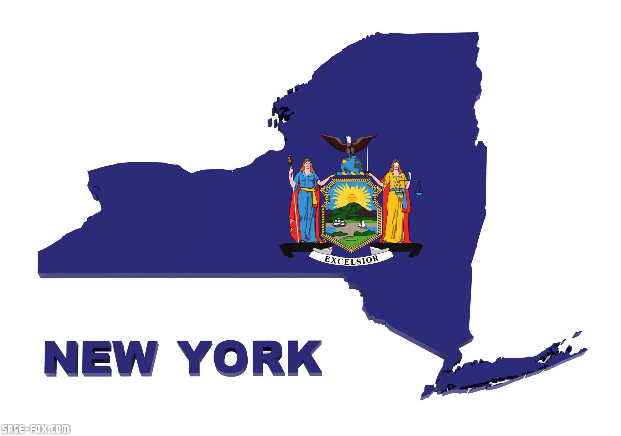 New York State, map with flag, isolated on white, with clipping path